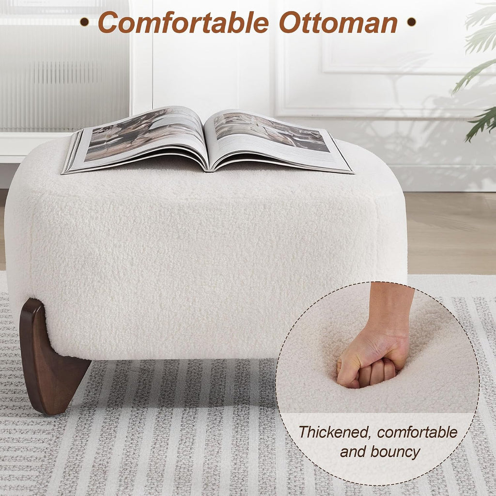 WUTUTUEE 28.7" Sherpa Boucle Ottoman with Solid Wood Legs, Modern Upholstered Footstool, Comfy Ottoman for Living Room, Bedroom, White