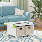 RiverRidge Kids Activity Table with Storage Cubbies, Cups and 2 Taupe Bins | Playroom Toddler Sensory Art Craft Table, 4 Toy Organization Shelves, 4 Multi-purpose cups, 2 Fabric Folding Cubes, Ages 2-4