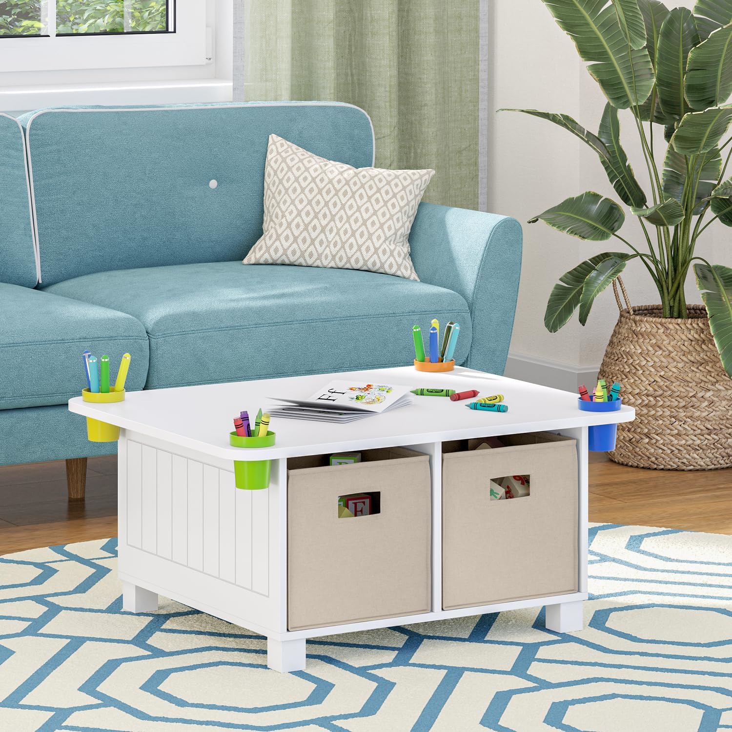 RiverRidge Kids Activity Table with Storage Cubbies, Cups and 2 Taupe Bins | Playroom Toddler Sensory Art Craft Table, 4 Toy Organization Shelves, 4 Multi-purpose cups, 2 Fabric Folding Cubes, Ages 2-4