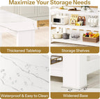 DynJest Kitchen Island with Storage, 55 Inch Large Faux Marble Prep Worktop | Kitchen Island with Power Outlet &3-Tier Shelves, Rest Area, Coffee Bar Cabinet With Wide Legs for Kitchen Dining Room, White