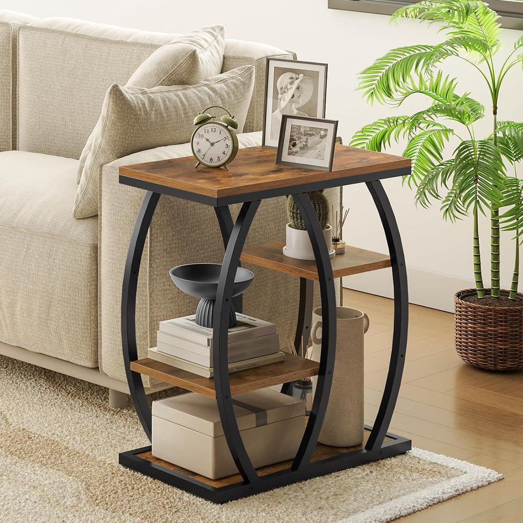 HOOBRO Industrial End Table, 4 Tier End Table with Storage Shelves, Small Side Table with Geometric Metal Frame, Night Stand for Living Room, Bedroom, Office, Rustic Brown and Black BF164BZ01