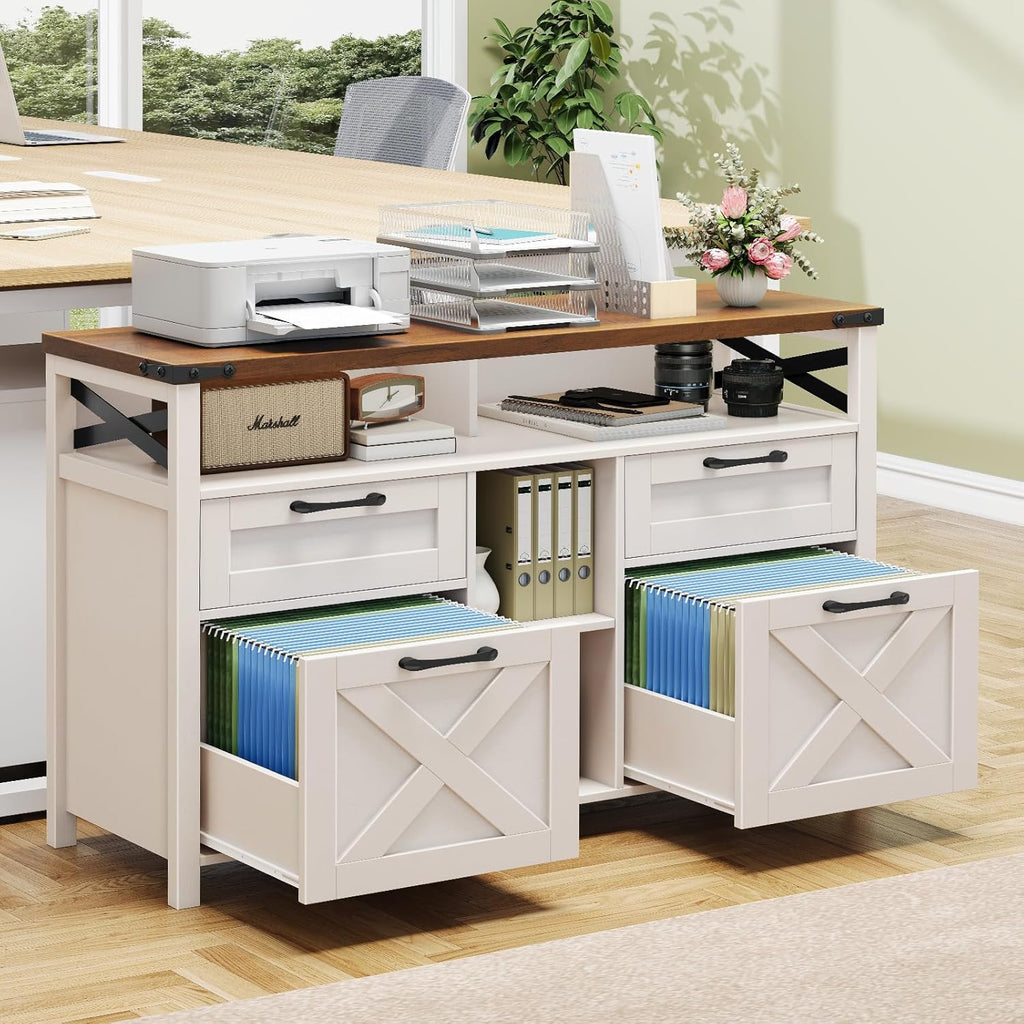 Halitaa Filing Organization Storage Cabinets 4 Drawer with Adjustable Shelf, Lateral Filing Cabinet with Open Storage Shelf for Home Office, Farmhouse File Cabinets for Hanging Files Letter/A4.White