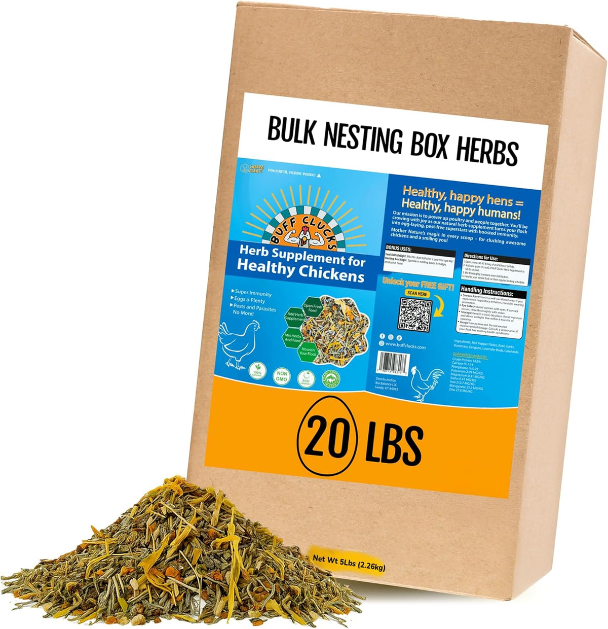 Herb Supplement for Backyard Chickens - Natural Chicken Treats, Poultry Feed Botanical Mix, Plant-Based Coop Snacks for Daily Wellness, Feather Quality, Egg Production, USA (20 LB)