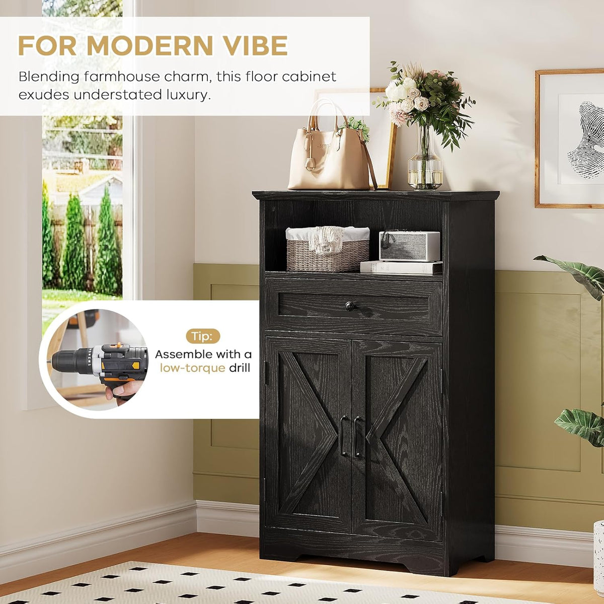 Floor Cabinet, Farmhouse Storage Cabinet with Barn Doors and Drawer, 11.81" D x 23.62" W x 39.37" H Black Freestanding Adjustable Shelf Organizer for Bathroom, Kitchen, Living Room