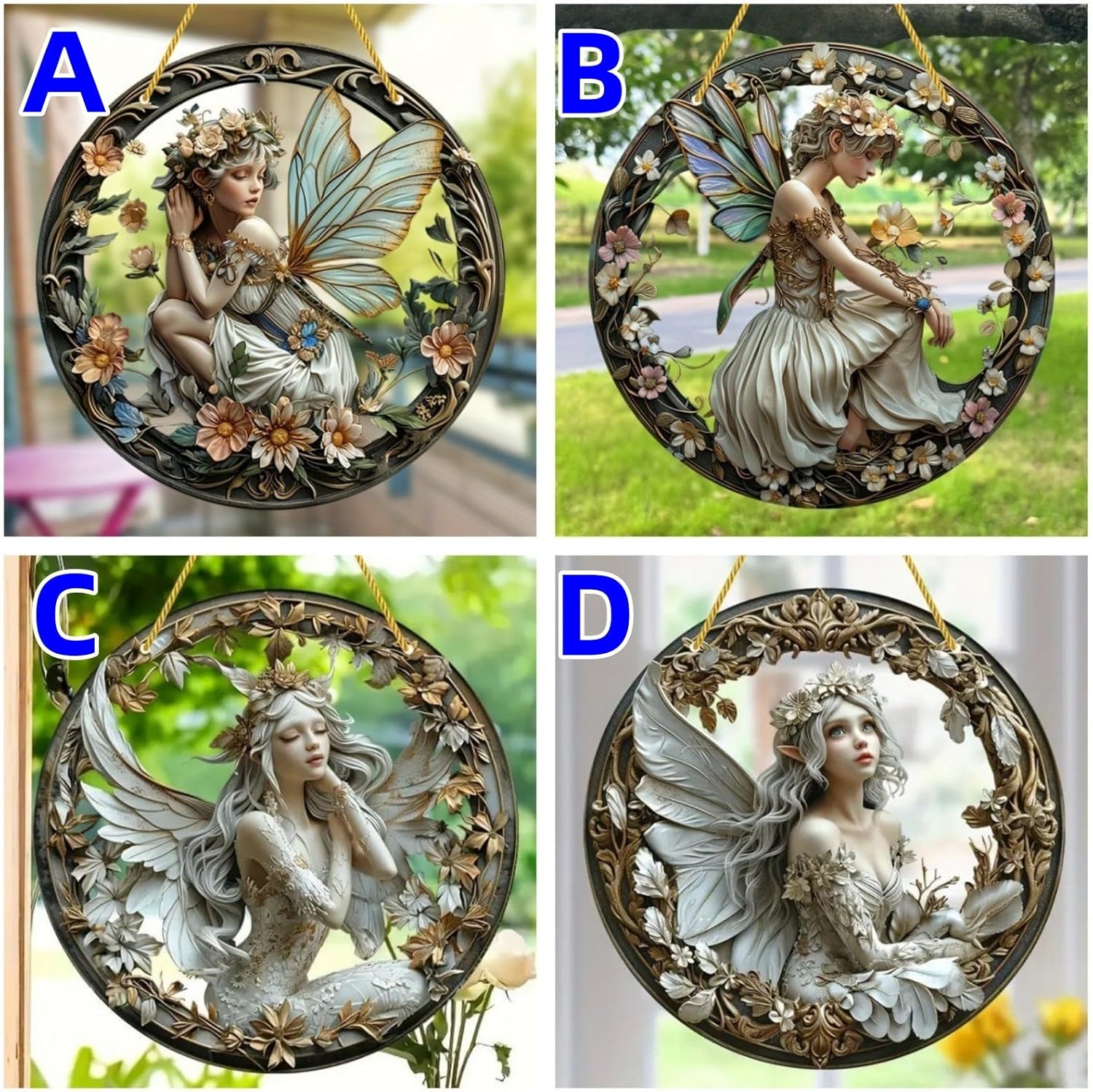 Flower Fairy Garden Decorations Angel Wing Christmas Halloween Deco Statue Art Elf Sculpture Hanging Craft for Outdoor Yard Courtyard Lawn Patio Window Acrylic Ornament Home Gift (B,L: 8*8 IN)