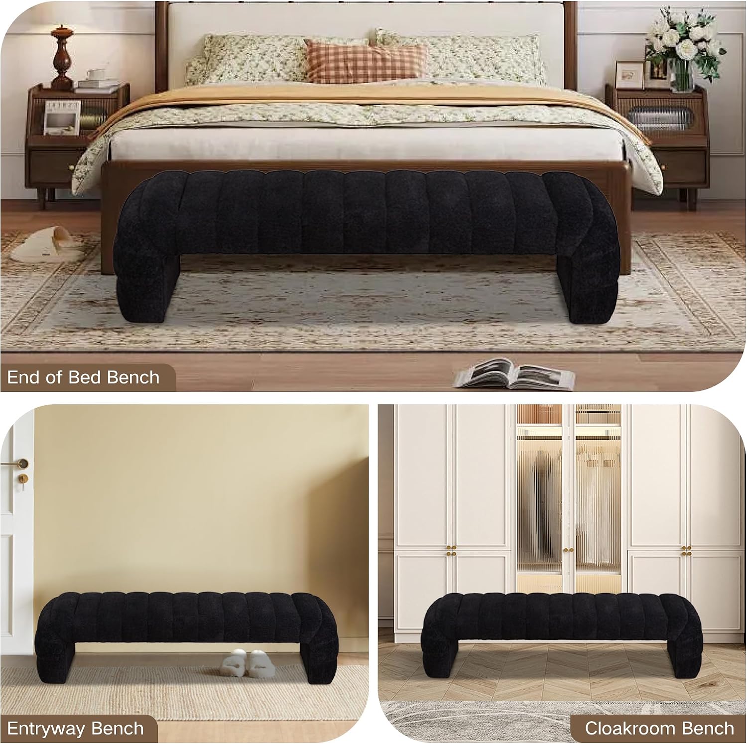 Shoe Bench for Entryway, 69.7''W Modern End of Bed Bench Long Ottoman for Living Room, Cloakroom, Black.