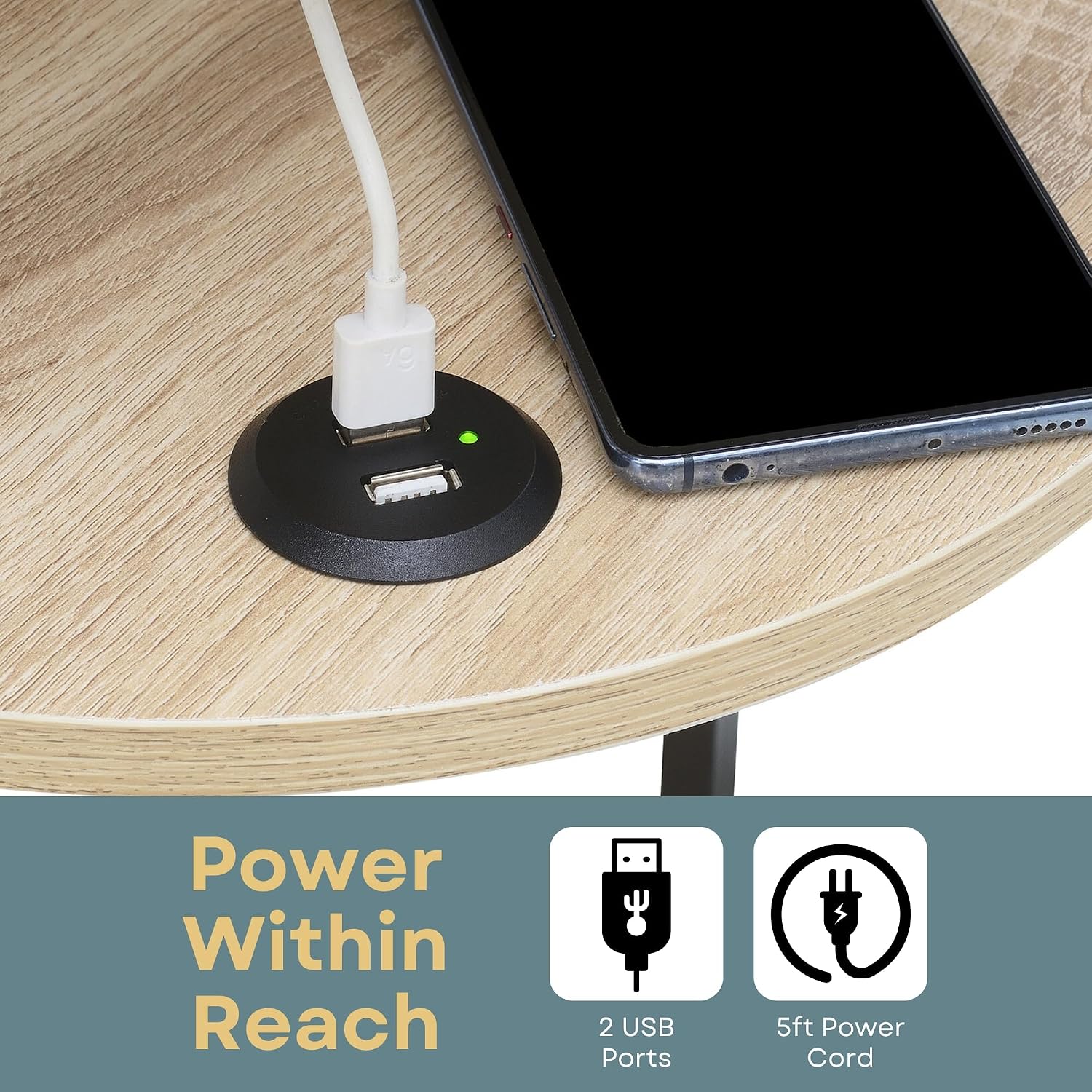 Convenience Concepts Simon End Table with USB Ports 15.75" – Modern 3-Tier Round Side Table with Storage Shelves for Family Room, Industrial Style Table with Charging Station, Weathered White, Black