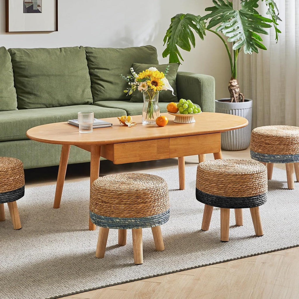 YMYNY Foot Stool, 12.6" Small Ottoman, Natural+Black,HBD027B | Natural Seagrass Hand Weave, Round Footrest, Non-Skid Wood Legs, Boho Style,for Living Room, Bedroom, Entryway