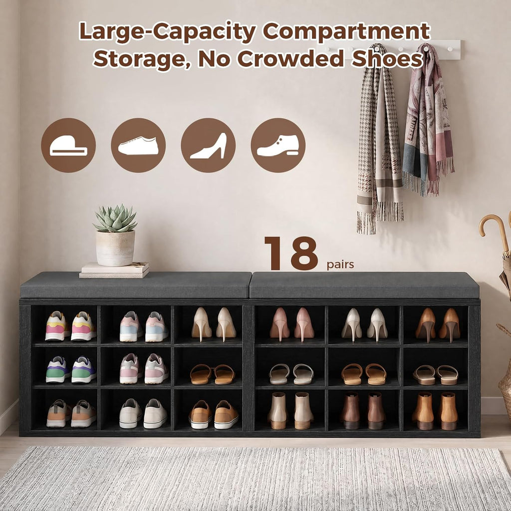 Shoe Rack Bench, Shoe Storage Bench with Cushion, Shoe Organizer 18 Cubbies for Entryway Hallway Bedroom Living Room, Holds Up to 400lbs