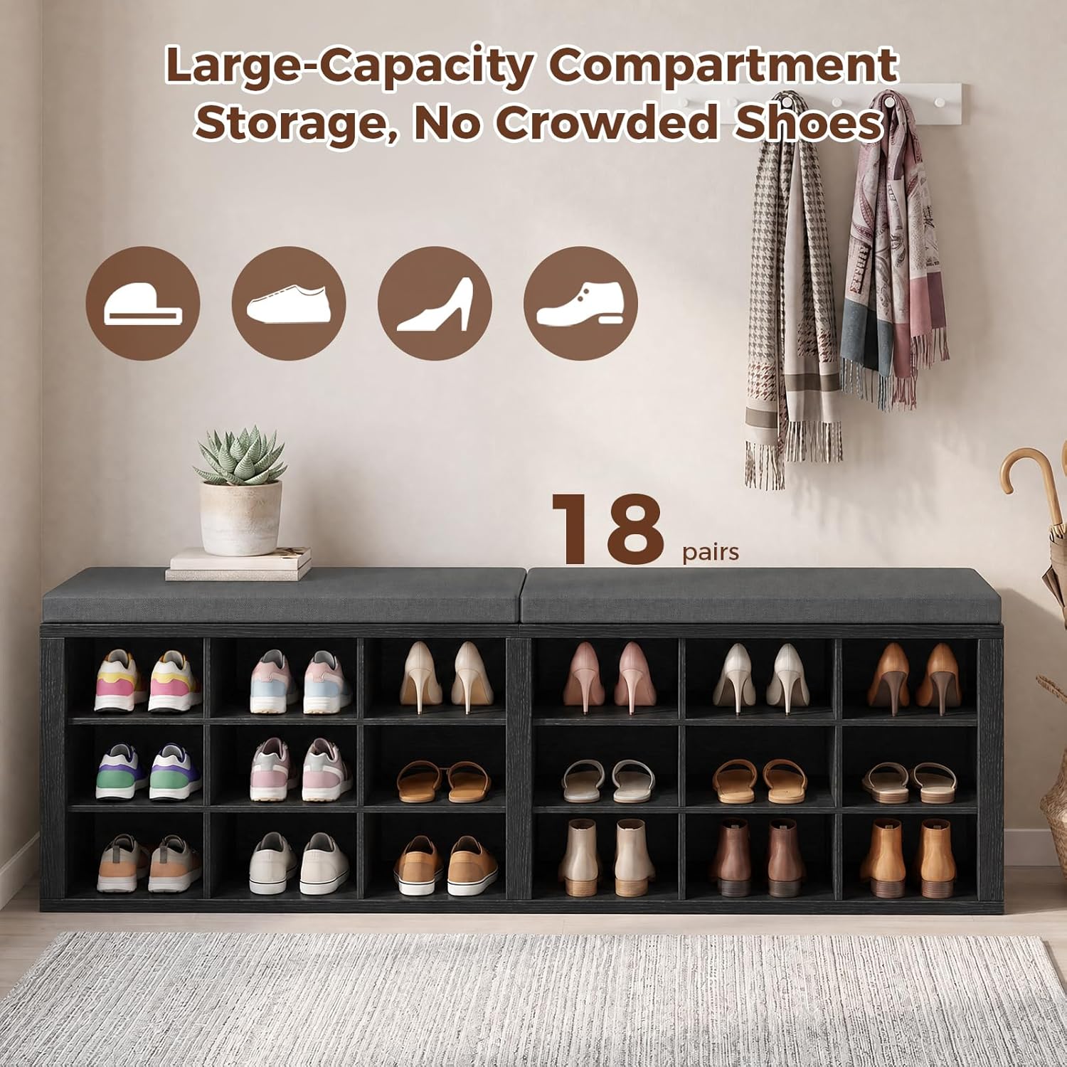 Shoe Rack Bench, Shoe Storage Bench with Cushion, Shoe Organizer 18 Cubbies for Entryway Hallway Bedroom Living Room, Holds Up to 400lbs