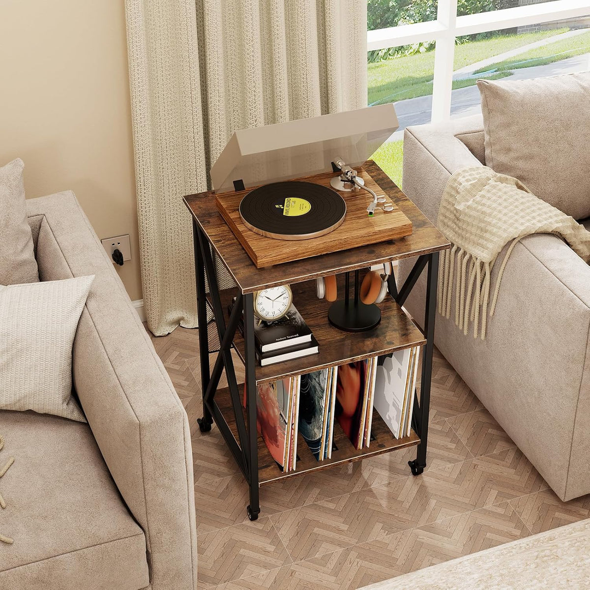 GOFLAME Record Player Stand with Power Outlet, 3-Tier Industrial Rolling Turntable Stand with 3 Vinyl Record Storage Dividers, Adjustable Shelf & Wheels for Living Room, Bedroom, Rustic Brown