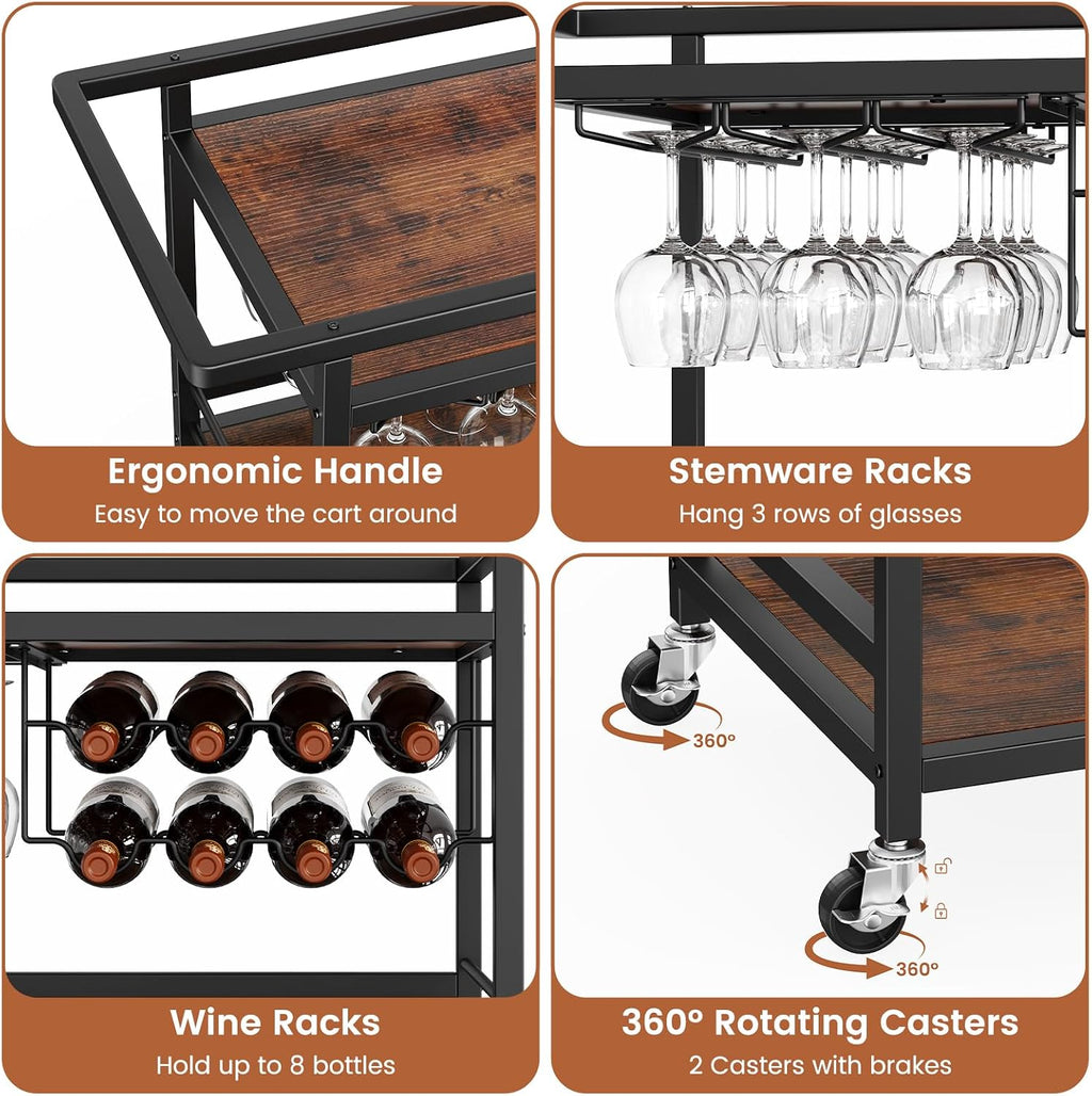 Leteuke Bar Cart for Home, 3 Tier Rolling Serving Carts with Wheels | Drink Cart, Liquor Stand with Removable Tray, Wine Rack and Glass Holder for Kitchen, Outdoor, Dining Room-Black Brown