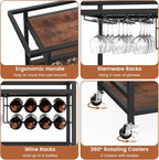 Leteuke Bar Cart for Home, 3 Tier Rolling Serving Carts with Wheels | Drink Cart, Liquor Stand with Removable Tray, Wine Rack and Glass Holder for Kitchen, Outdoor, Dining Room-Black Brown