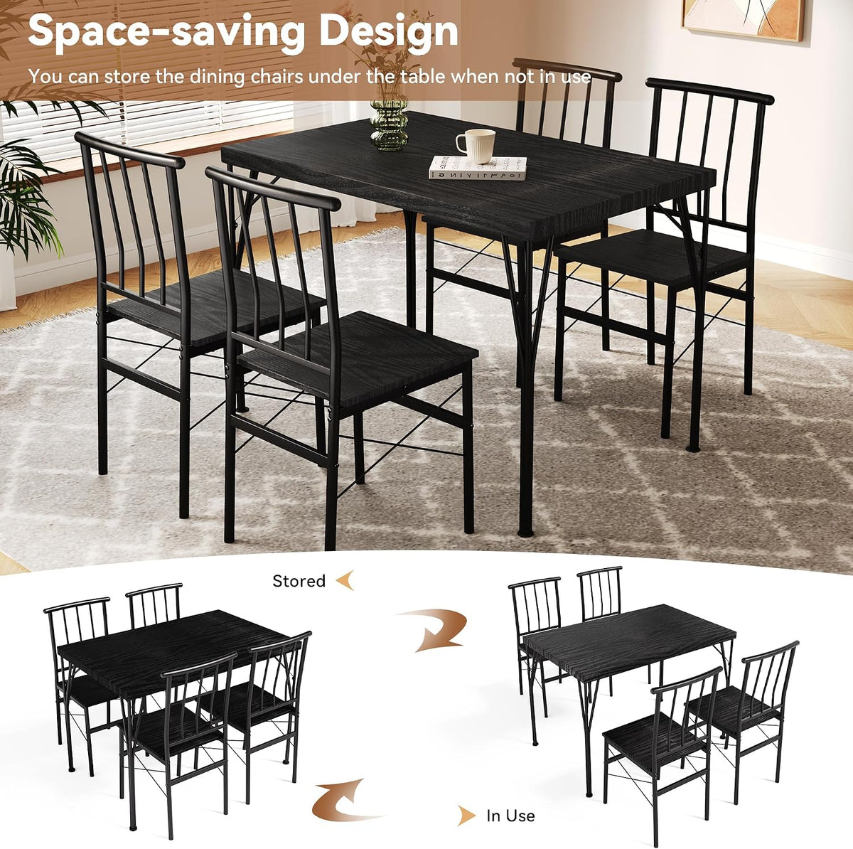 Dining Table Set for 4 with 1.6" Thick Tabletop, 5-Piece Kitchen Table Set, Space-Saving Rectangular Dining Room Kitchen Table Chair Set for Small Space,Dinette,Apartment,Rustic Black
