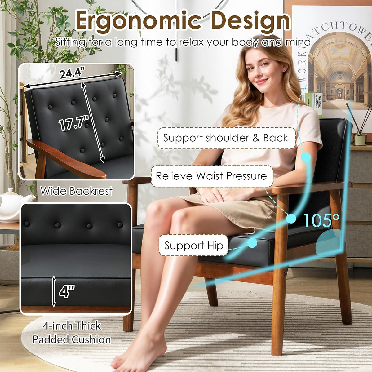 Waiting Room Accent Chairs Set of 2, Black Leather ArmChairs, Office Guest | STHOUYN Mid Century Modern, Wood Arms, Office Lobby Living Room Chair