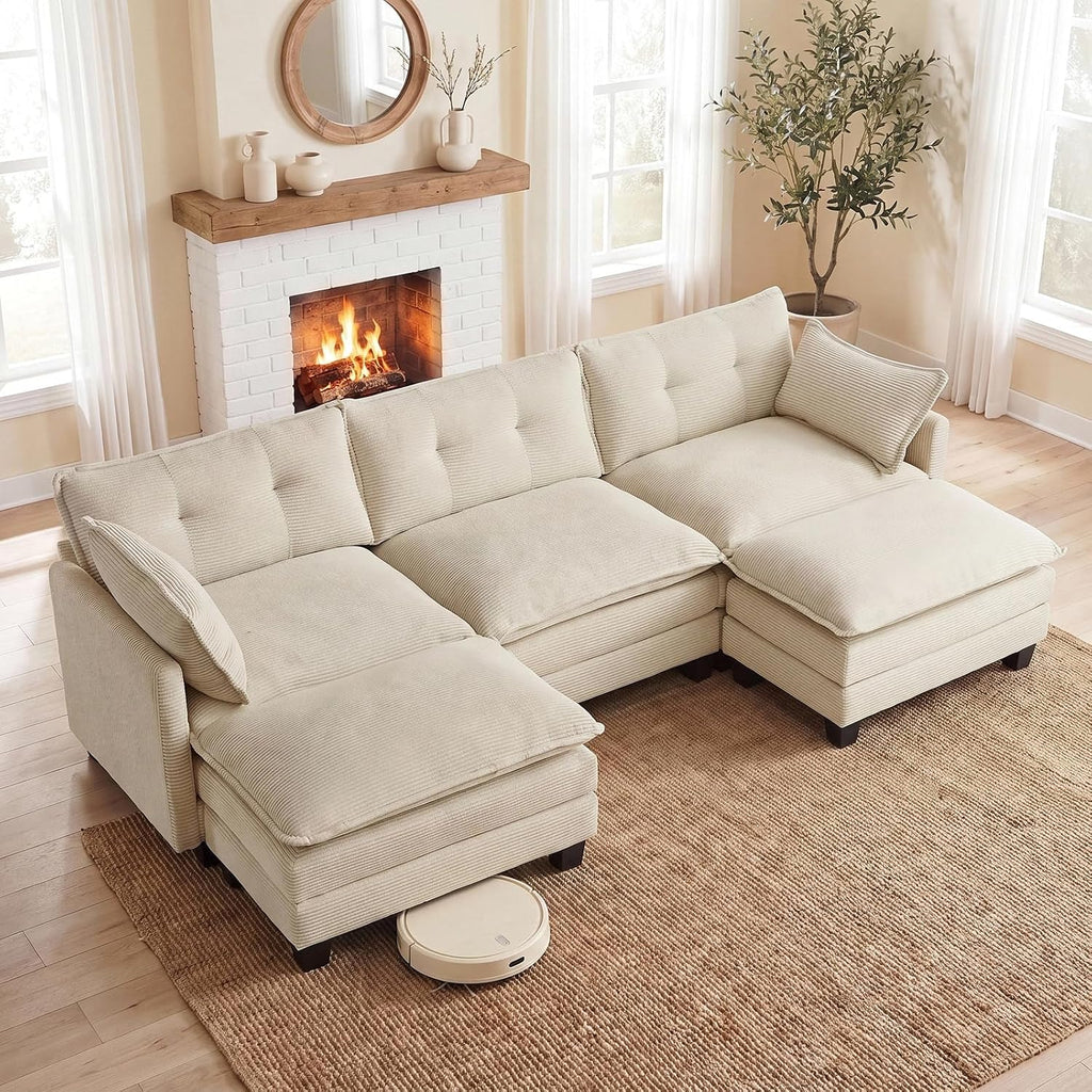 Amsleekey 111.5" U Shaped Modular Sectional Sofa, Beige Corduroy | Cloud Couch for Living Room, 3 Seater Deep Seat Convertible Sleeper Sofa with 2 Movable Ottomans and 2 Leg Height Options