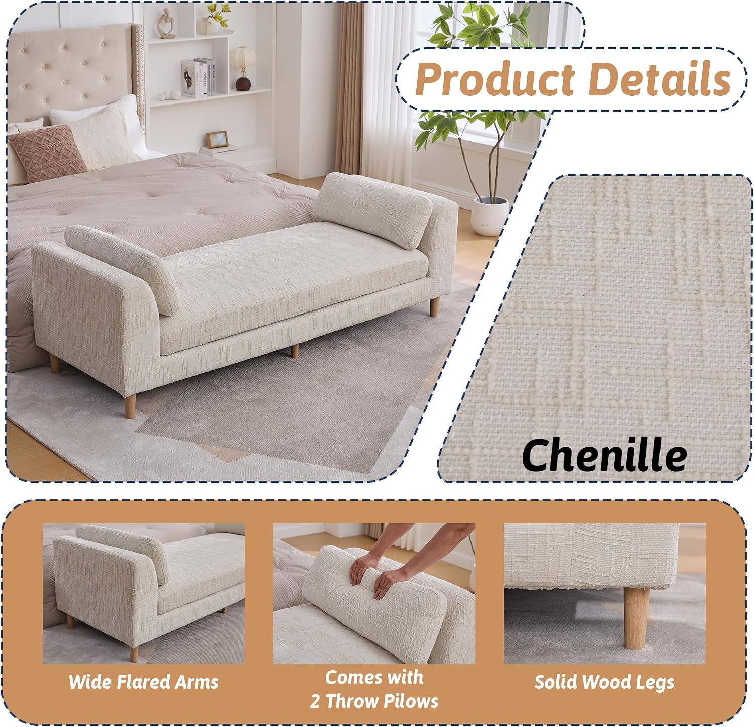 Beige King Size End of Bed Bench,83 Inch Long Bench for Bedroom with Armrests,Entryway Bench,Chenille Chaise Chair,Bench Daybed(Beige,White)