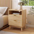 LYNCOHOME Fluted Nightstand with Charging Station, 19.7 inch Wide End Table with 2 Drawers, Modern Wood Bedside Table for Bedroom,Natural,1 Pcs