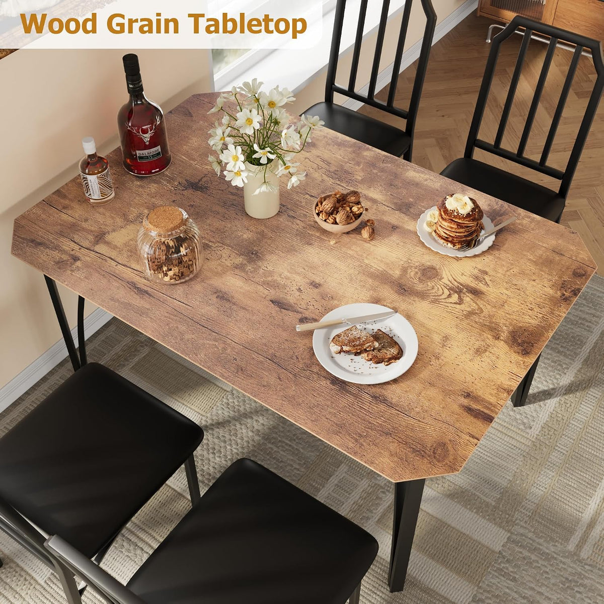 GAOMON 5-Piece Dining Table Set for 4, Modern Kitchen Table with Chamfered Design and Upholstered Chairs, Leather-Cushioned Seats for Small Spaces and Apartments, Space-Saving (Brown/Black,5 Pack)