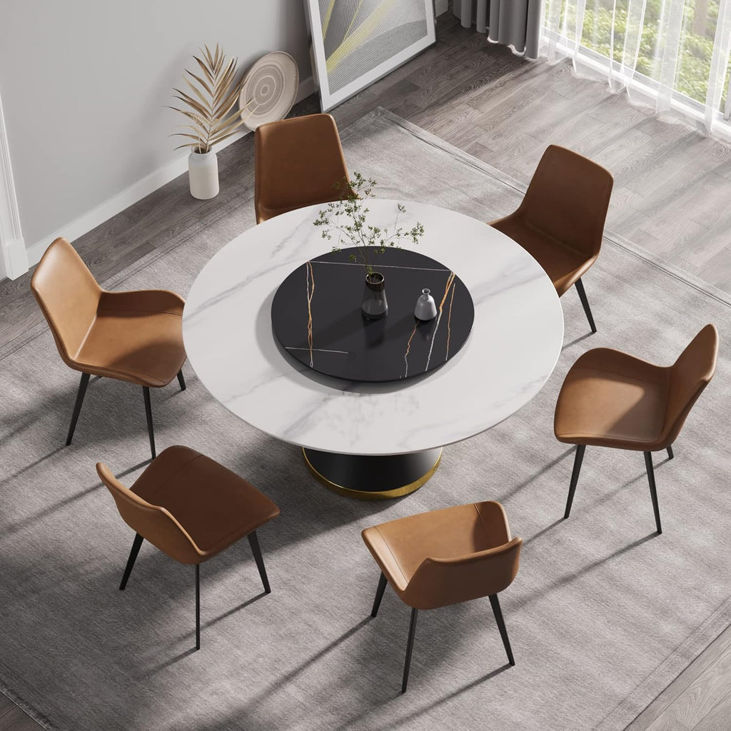 Montary 59” Modern Round Dining Table for 8, Artificial Marble Kitchen Table with Carrara White Sintered Stone Tabletop & Black Gold Lazy Susan, Black Slim Waist Carbon Steel Base
