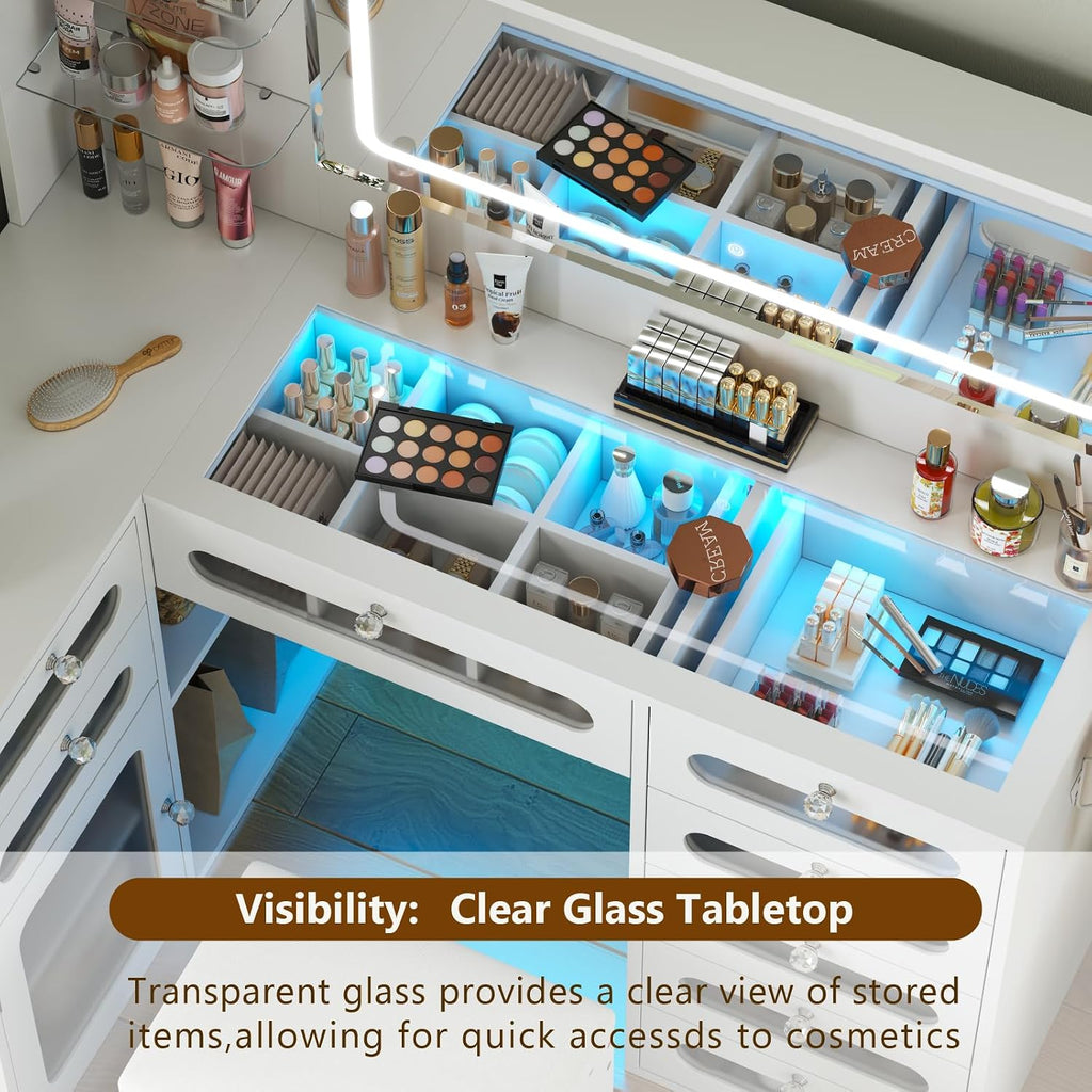 Makeup Vanity for Women with Mirror and Lights, 8 Drawers Big Modern Vanity , Transparent Top Vanity Desk with 2 RGB Drawers, with Power Outlet & Stool, Modern Ample Storage Dressing Table, White