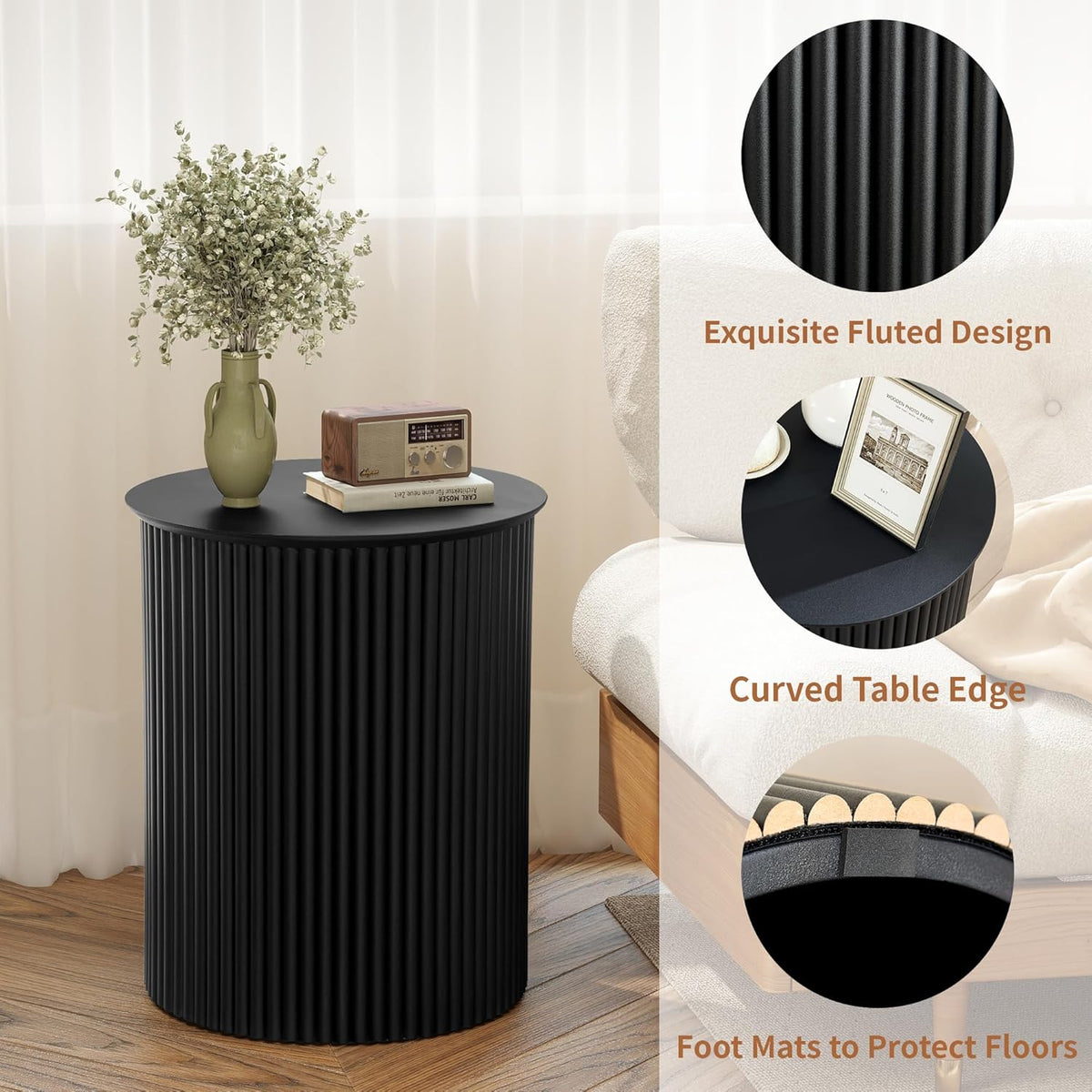 Round Fluted Side Table Set of 2, 17.7" Mid-Century Modern End Tables, Wooden Bedside Table Round Nightstand Small Circle Sofa Accent Table for Living Room, Bedroom Home(Black)