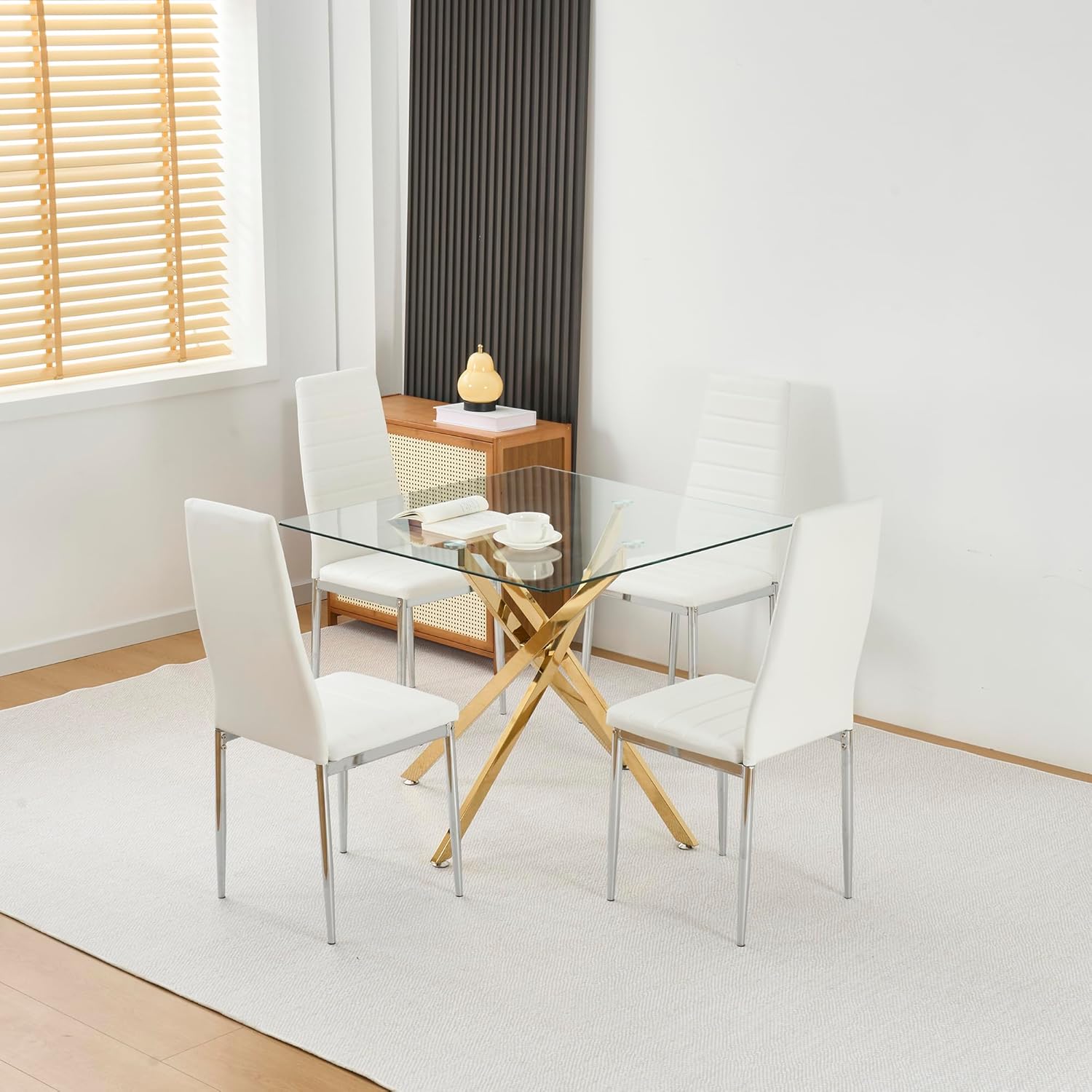 Square Glass Dining Table,Glass Dining Room Table with Metal Legs, Modern Glass Kitchen Table for Home, Kitchen, Dining Room
