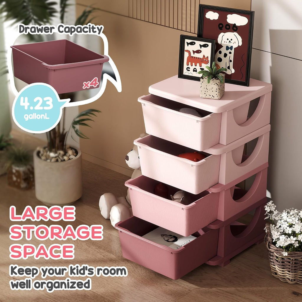 Qaba 4 Drawers Kids Storage Unit 4 Tier Toy Organizers Pink | Stackable Storage Chest, Bedroom, Nursery, Playroom, Living Room, Boys, Girls, Toddlers
