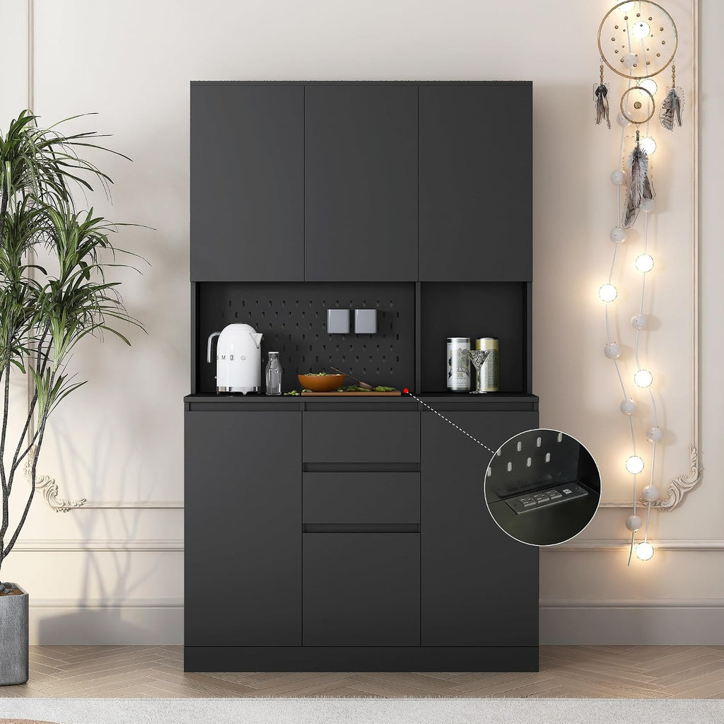 roomfitters 74" Kitchen Pantry Cabinet with Charging Station & USB Ports, Large Food Storage Cupboard, Microwave Stand, Black