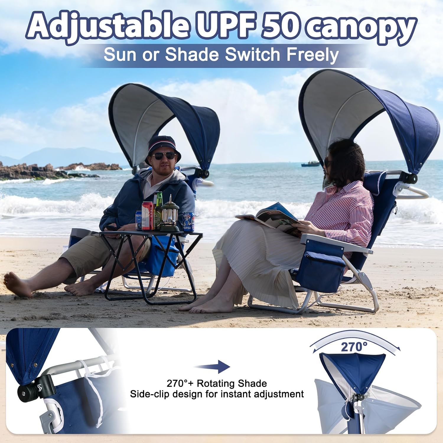 Beach Chair with Umbrella and Canopy Shade, Aluminum Backpack Beach Chairs for Adults, Adjustable Sun Shade, 5 Position Lay Flat, Cooler Bag, Cup Holder, Towel Bar, Navy Blue
