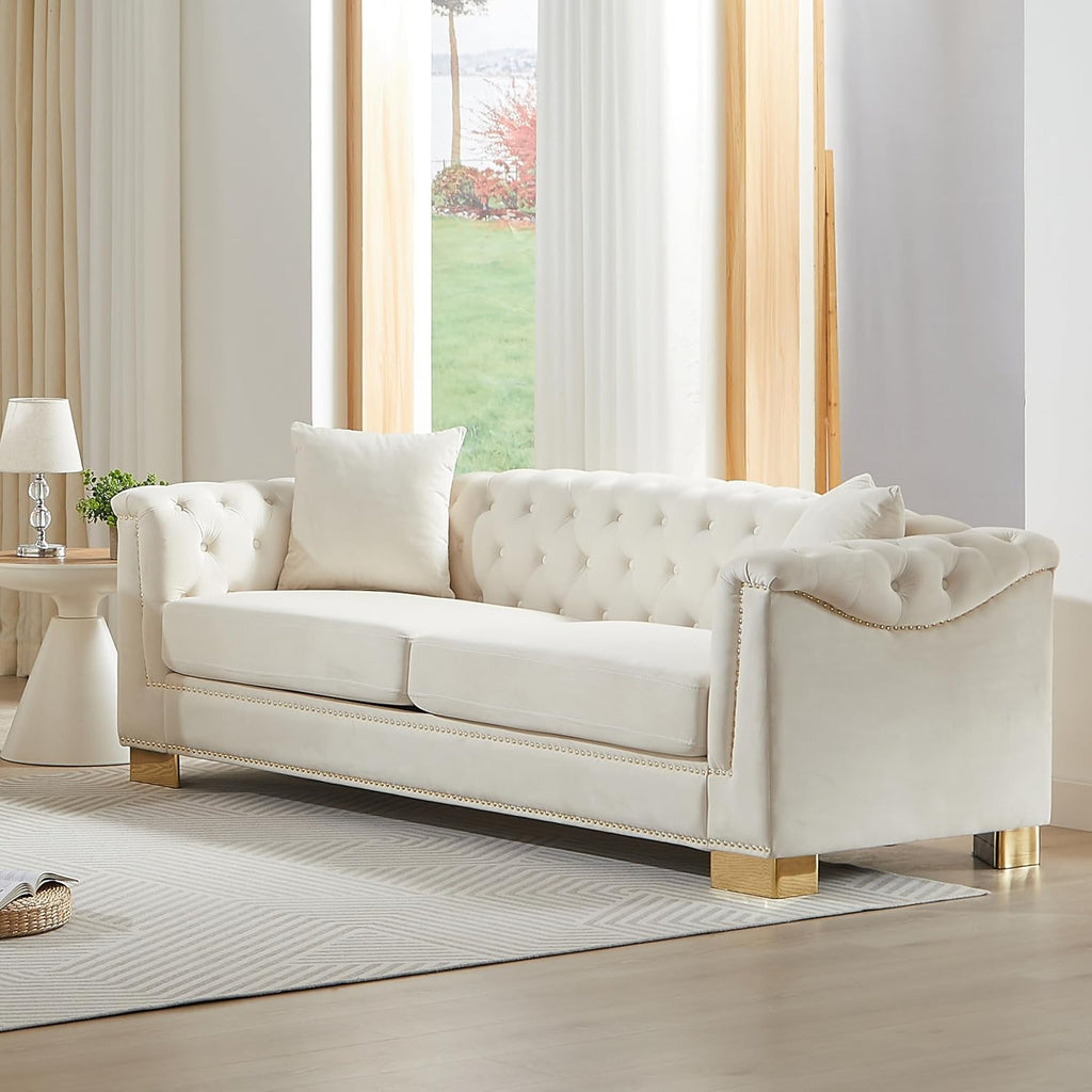 Harper & Bright Designs 84" Classic Modern Chesterfield Sofa - Velvet 3-Seater Couch with Rolled Arms, Tufted Back & Studs for Living Room - Beige