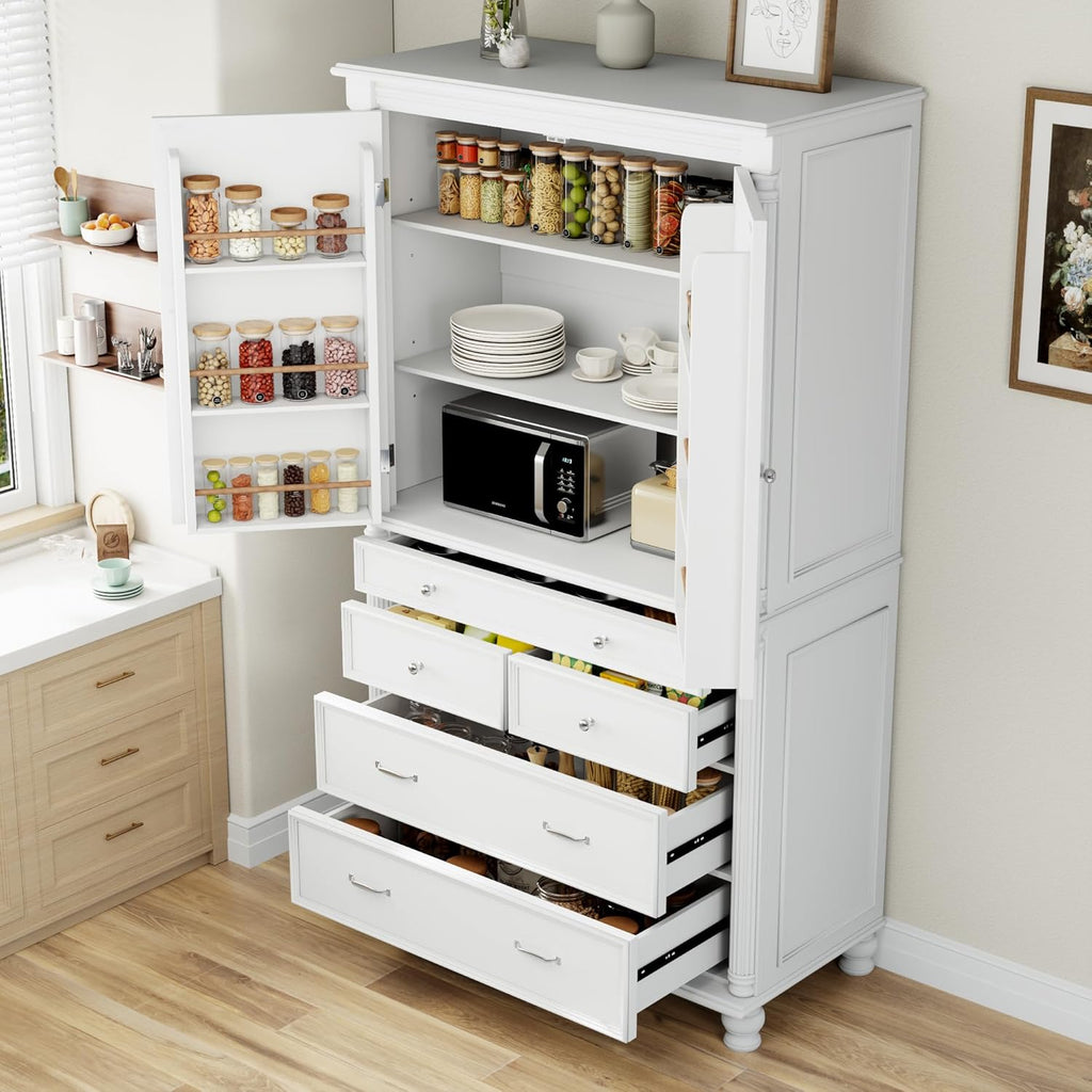 Freestanding Large Kitchen Pantry,Tall Storage Cabinet Cupboard with 6 Door Shelves, 2 Adjustable Shelves and 5 Drawers,for Dining Room (White-W)