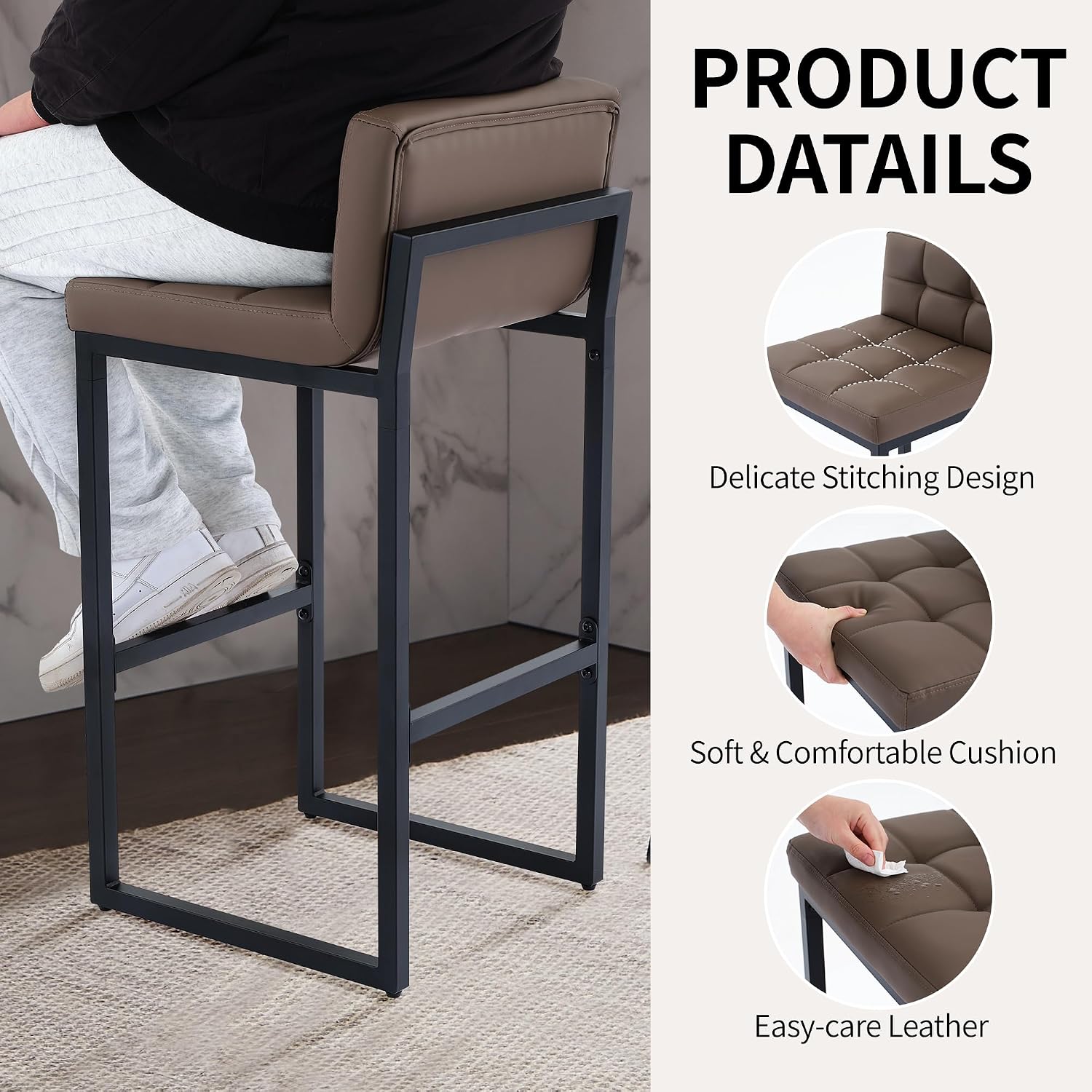 FIRAVOE Bar Stools Set of 3, Upholstered PU Leather Counter Height Barstools with Low Back and Thickened Metal Legs, Modern Chairs for Kitchen Island, Bar (Coffee Brown, 3Pcs 26" Counter Stools)