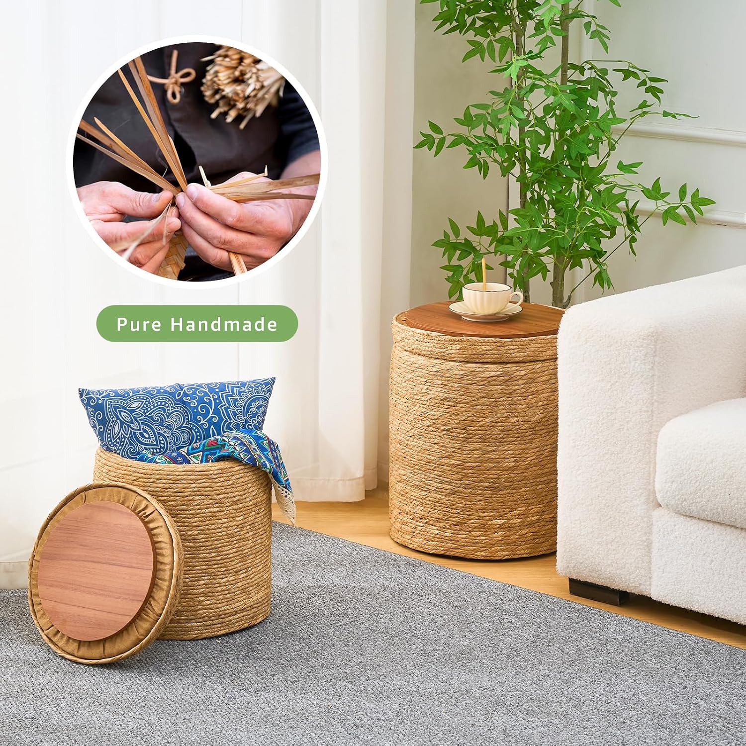 Round Storage Pouf Ottoman Hand Weaving Natural Boho Straw Footstool Pouffe | Breathable material, Hand‑woven from natural straw, Artisanal hand‑crafted texture, Bohemian home decor accent