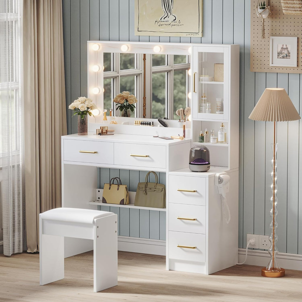 TOKSOM Makeup Vanity with Lights & Charging Station, White Vanity Table with 5 Drawers & Open Storage Shelves, Bedroom Makeup Dressing Table Set for Women Girls