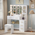 TOKSOM Makeup Vanity with Lights & Charging Station, White Vanity Table with 5 Drawers & Open Storage Shelves, Bedroom Makeup Dressing Table Set for Women Girls