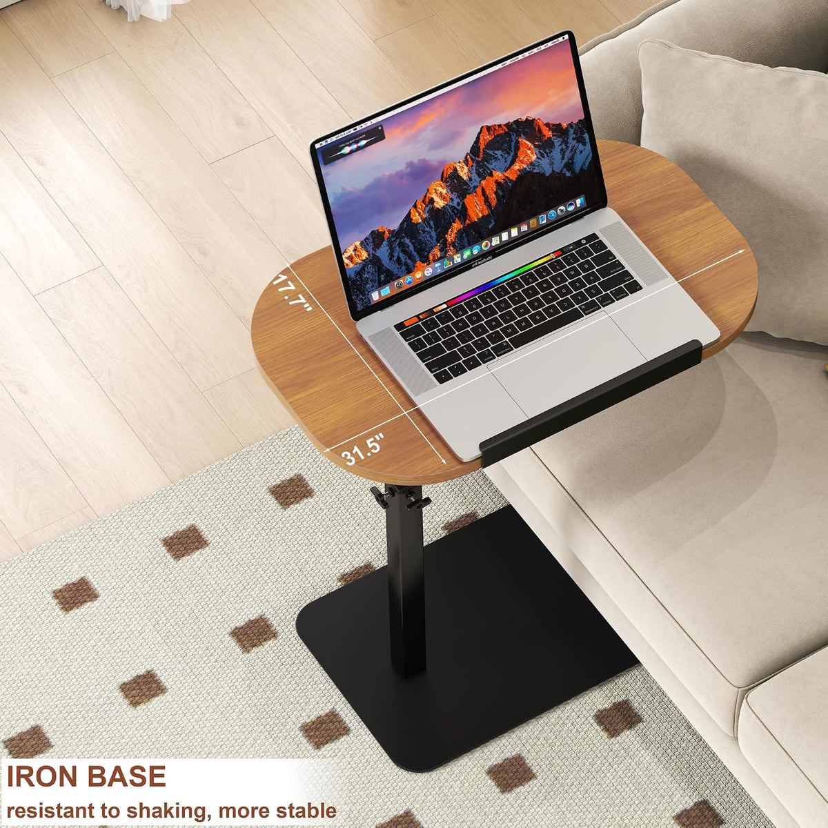 Solid Wood C Shaped Side Table for Sofa/Bed, Adjustable Height C Shaped End Table Metal Base, 360°Swivel/Flip Top Couch Tables That Slide Under, Small Spaces Laptop Stand Coffee Table (Wood)