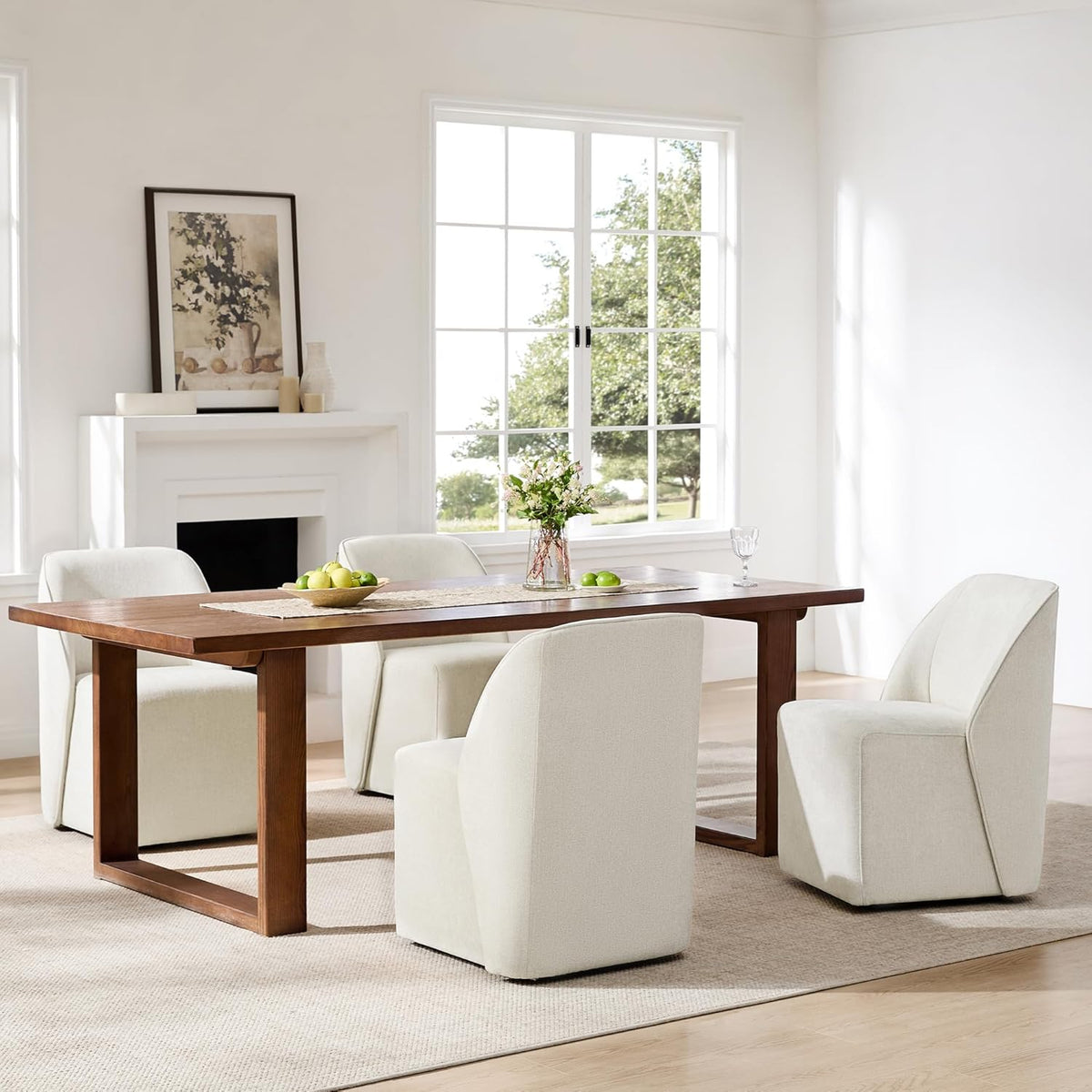 Watson & Whitely Upholstered Dining Chairs with Casters Set of 2, Armless Modern Rolling Dining Chairs with Removable Rollers, Fabric Dining Room Chairs for Bedroom, Living Room, Reading, Linen