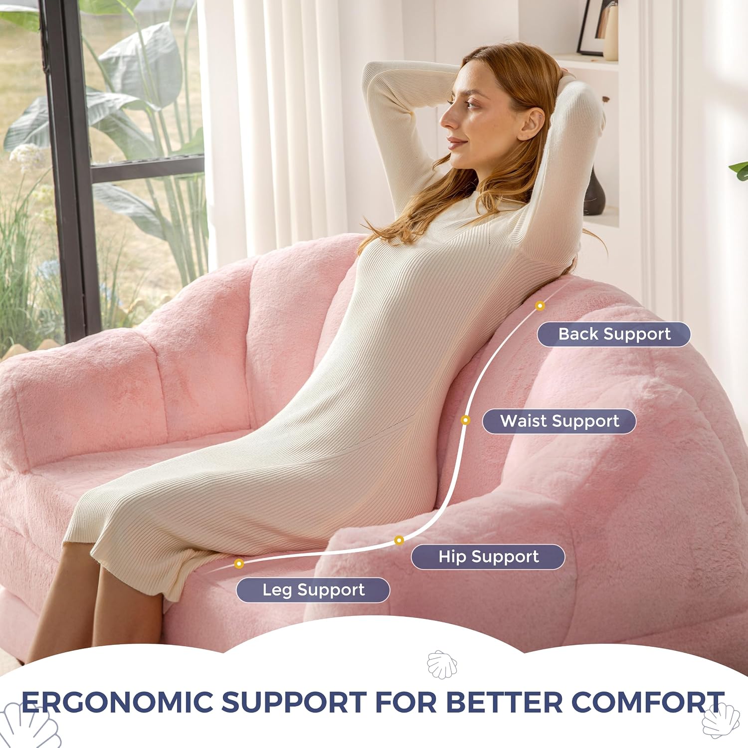 MAXYOYO Folding Sofa Bed, 2 in 1 Convertible Sofa to Lounger | Comfy Loveseat Bean Bag Chair for Adults, Floor Couch with Handle, Faux Fur Couch Bed for Living Room Bedroom, Pink