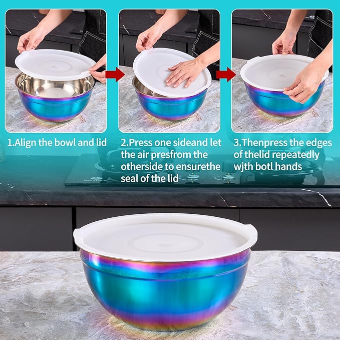 4 Piece Rainbow Mixing Bowls with Lids for Kitchen, Stainless Steel Mixing Bowls Set Ideal for Baking, Prepping, Cooking and Serving Food, Nesting Metal Mixing Bowls for Space Saving Storage