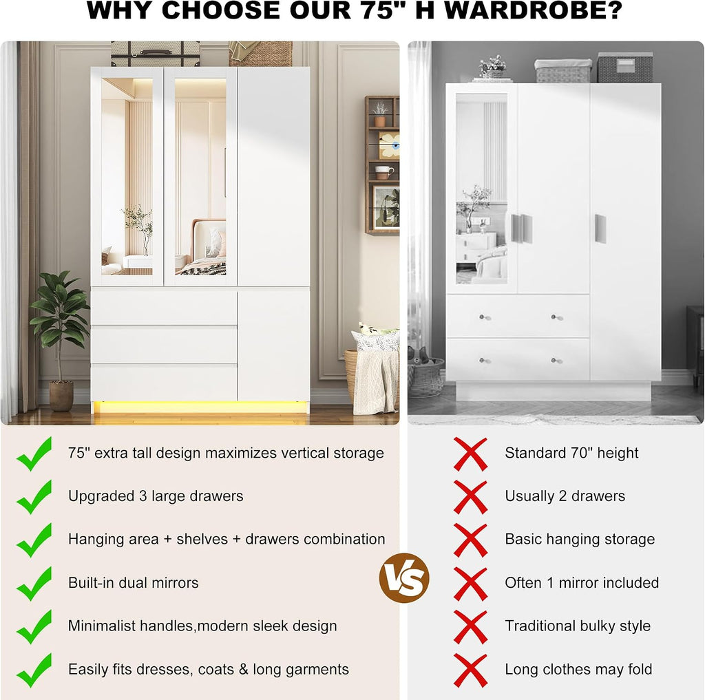 75"H Tall Modern 3 Doors Wooden Armoire Wardrobe Closet with 3 Drawers & 2 Mirror,Clothing Storage Cabinet with Hanging Rod,Bedroom Large Freestanding Armoires with Led Lights for Bedroom,White
