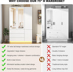 75"H Tall Modern 3 Doors Wooden Armoire Wardrobe Closet with 3 Drawers & 2 Mirror,Clothing Storage Cabinet with Hanging Rod,Bedroom Large Freestanding Armoires with Led Lights for Bedroom,White