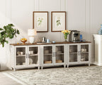 WAMAPT 101" Farmhouse Sideboard Credenza with 6 Glass Doors, Large Coffee Bar Table with Adjustable Shelf, Wood Kitchen Storage Cabinets, Modern Buffet Cabinet for Dining Room, Rustic White