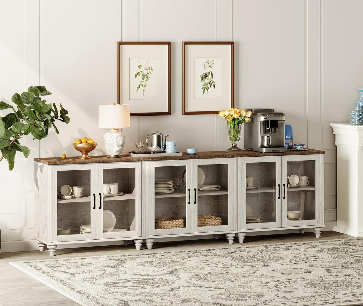 WAMAPT 101" Farmhouse Sideboard Credenza with 6 Glass Doors, Large Coffee Bar Table with Adjustable Shelf, Wood Kitchen Storage Cabinets, Modern Buffet Cabinet for Dining Room, Rustic White