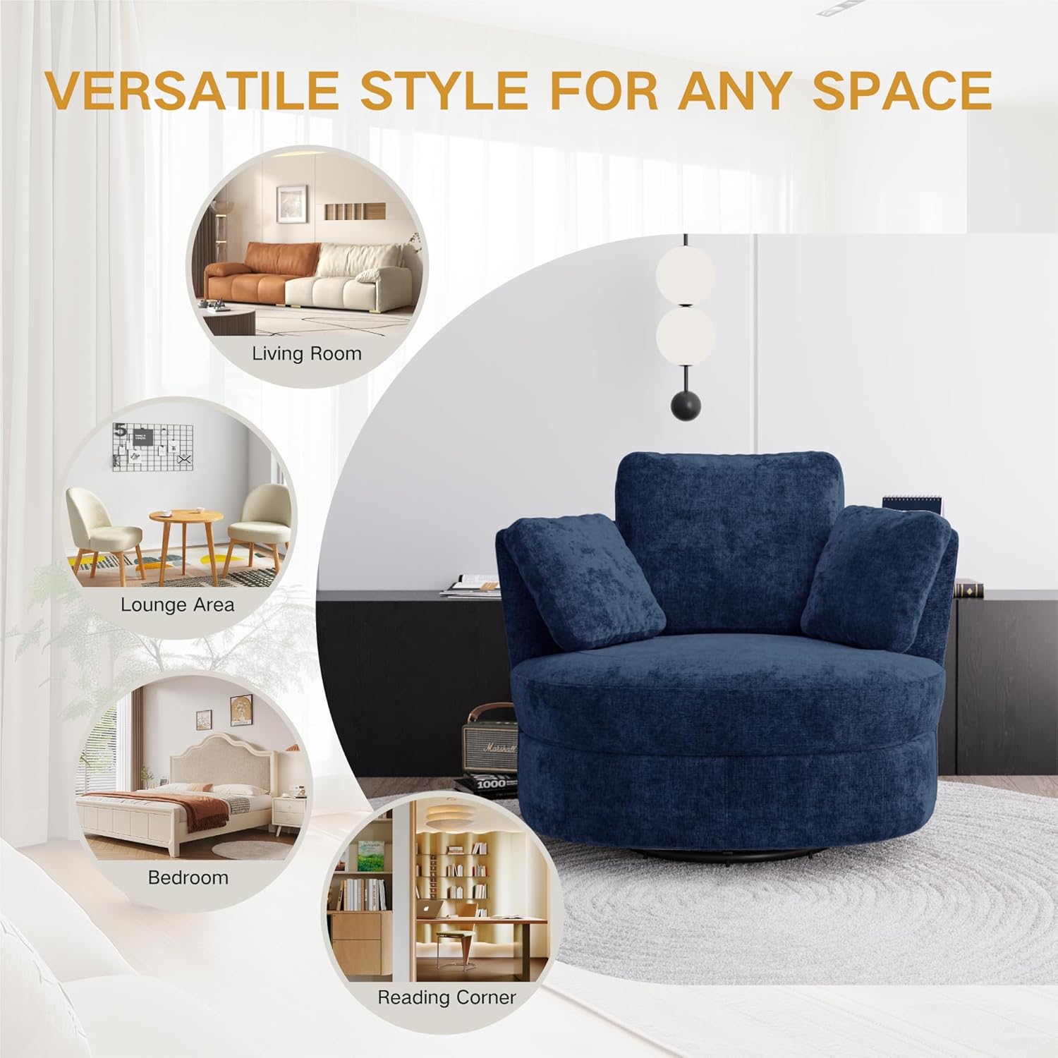 40.6''W Swivel Accent Barrel Chair, Chenille Upholstered Round Single Couch Sofa with 3 Pillows for Living Room, Apartment, Bedroom (Blue)