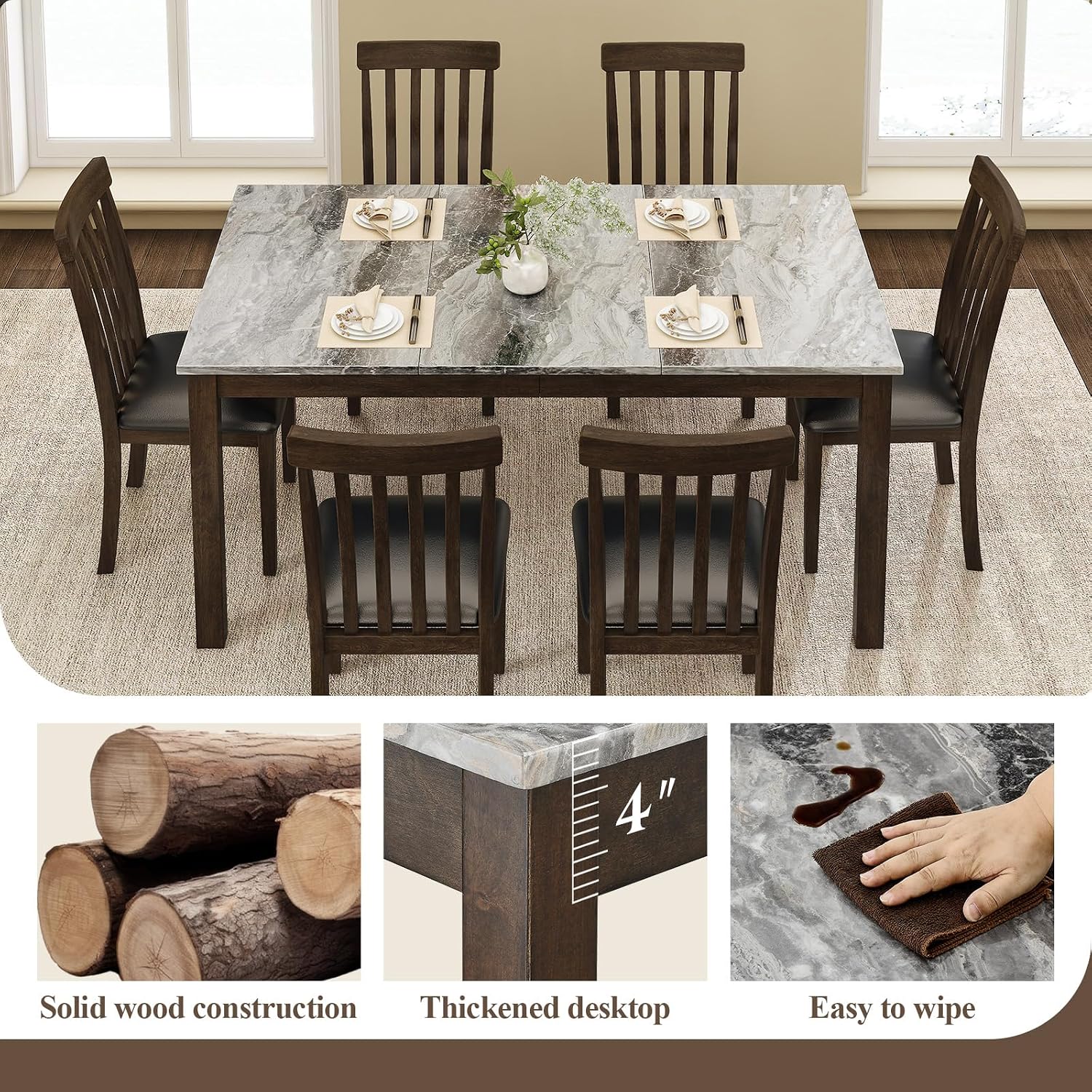 LUXOAK 7-Piece Wood Dining Table Set with Faux Marble Tabletop, Dark Brown | 71" Kitchen Table with 6 Chairs, Curved Backrests & PU Cushioned Seats, Perfect for Dining Room & Living Room