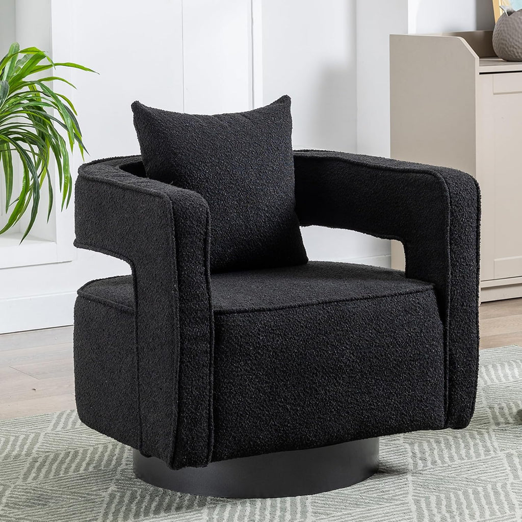 Swivel Accent Chair, Modern Swivel Barrel Chair for Living Room, 360 Degree Comfy Square Accent Chair with Open Back, Upholstered Armchair for Bedroom,Reading, Boucle, Black