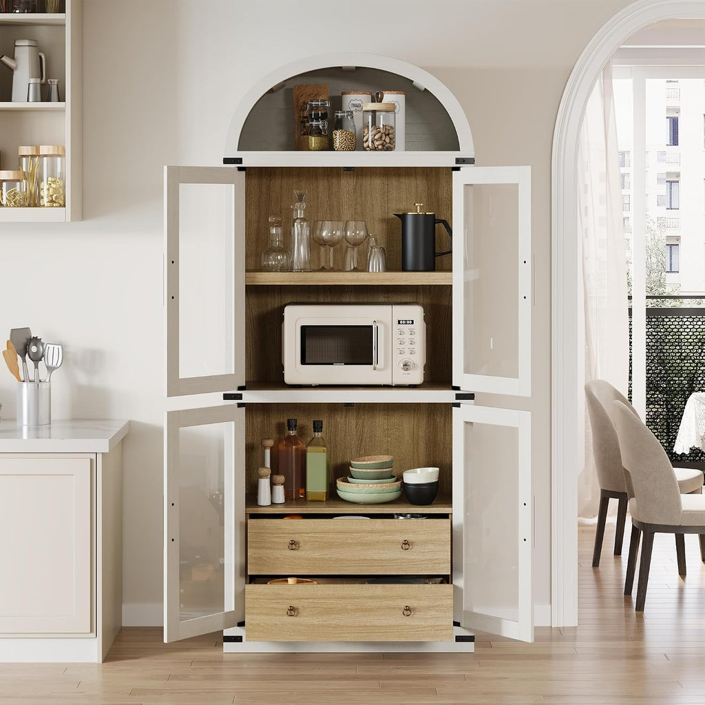 IDEALHOUSE Arched Kitchen Pantry Cabinet,71'' Wood Storage Cabinets Bookcase,Farmhouse Storage Display Cabinet with Glass Doors,2 Large Drawers,Versatile Cupboard for Living Room,Dining Room(White)