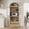 IDEALHOUSE Arched Kitchen Pantry Cabinet,71'' Wood Storage Cabinets Bookcase,Farmhouse Storage Display Cabinet with Glass Doors,2 Large Drawers,Versatile Cupboard for Living Room,Dining Room(White)