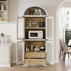 IDEALHOUSE Arched Kitchen Pantry Cabinet,71'' Wood Storage Cabinets Bookcase,Farmhouse Storage Display Cabinet with Glass Doors,2 Large Drawers,Versatile Cupboard for Living Room,Dining Room(White)